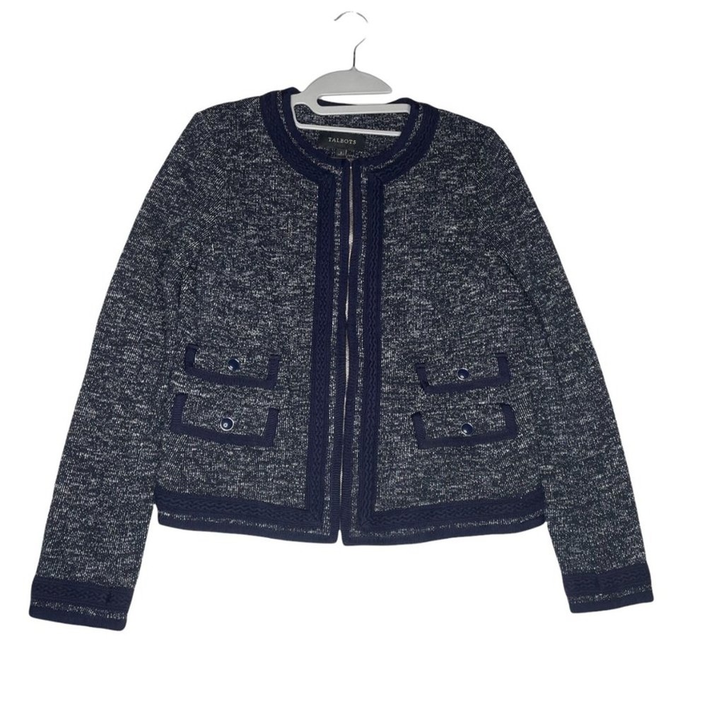 Talbots Navy Blue White Marled Knit Full Zip Jacket Braided Trim Size 2